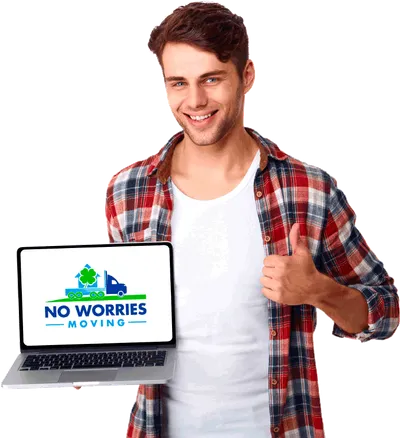 Man holding the laptop with No Worries Moving logo on it