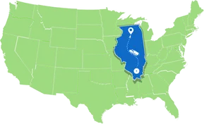 The green-colored US map with the Illinois state colored blue and a moving truck moving over it