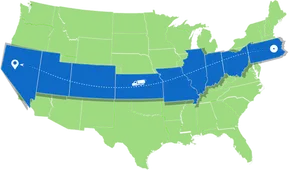 The green-colored US map with all the states from Pennsylvania to Nevada colored blue and a moving truck moving over it.